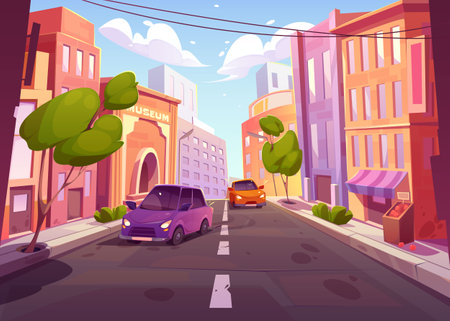 Cars driving at city road on cityscape background with buildings, trees, market stall, museum and walkway. Automobiles riding megalopolis asphalted highway at day time, Cartoon vector illustrationのイラスト素材