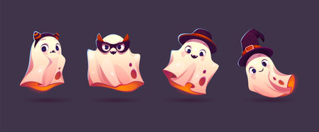 Cute ghosts, cartoon Halloween characters set. Funny kawaii spooks creatures wear different hats and headwear. Spooky smiling spirits, adorable fantasy monsters, phantom personages Vector illustrationのイラスト素材