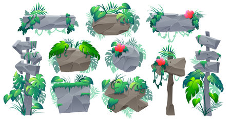 Stone signboards in jungle, pointers and panels with green leaves and lianas. Vector cartoon set of rock boards and direction signs with tropical forest plants and flowers isolated on white backgroundのイラスト素材