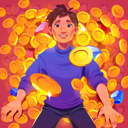 Lottery winner lying on bunch of golden coins top view. Happy lucky man win jackpot in gambling game or casino, swim in money and gemstones, concept of success, dream, Cartoon vector illustrationのイラスト素材