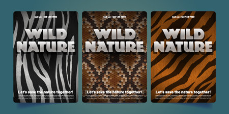 Wild nature protection flyers set. Collection of creative posters with realistic zebra, snake and tiger skin texture design. Exotic animals and wildlife conservation campaign. Vector illustrationのイラスト素材