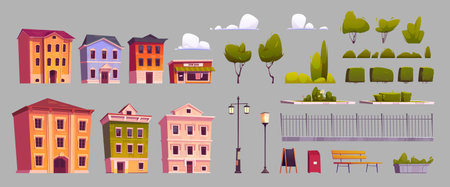 City elements, street constructor isolated set. Urban architecture design objects. Cartoon houses, street lamps, green trees, clouds, litter bin, bench, fence, menu chalkboard, Vector illustrationのイラスト素材