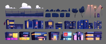 Night city elements, street constructor, urban architecture design objects isolated set. Cartoon houses, store buildings, street lamps, trees, clouds, litter bin, traffic lights, Vector illustrationのイラスト素材
