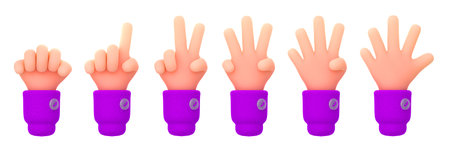 3d render, count fingers, set of hands counting from one to five. Communication, number gestures...