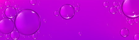 Liquid serum, cosmetic oil texture with bubbles on purple background. Skin care product with glossy...
