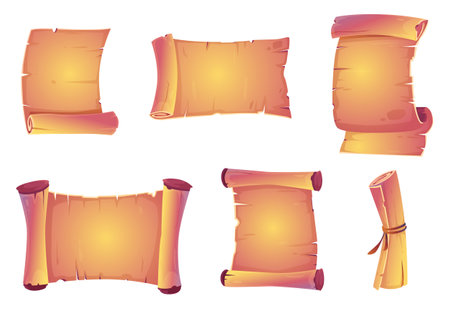 Parchment scrolls, antique papyrus rolls, blank paper banners, open and convoluted vintage manuscripts, old map or document isolated on white background, Cartoon vector illustration, icons setのイラスト素材