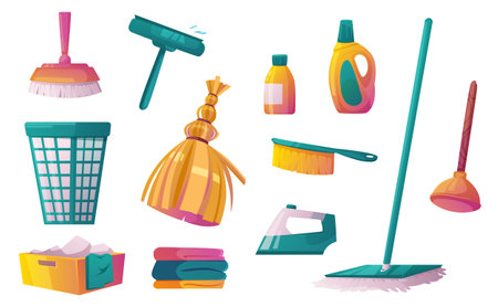 Household tools and chemicals cartoon set isolated on white. Vector illustration of mop, broomstick, plunger, brushes, laundry basket, detergent bottles, iron, linen stack. Home and office cleaningのイラスト素材
