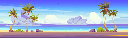 Car road on sea coast with palm trees, islands with mountains in water. Summer tropical landscape of sand ocean beach and asphalt highway, vector cartoon illustrationのイラスト素材