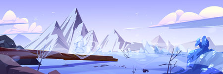 Cartoon winter scenery with rocky mountain range and frozen lake covered with snow, broken tree and bushes, blue sky with clouds. Vector illustration of nordic nature landscape in frosty weatherのイラスト素材