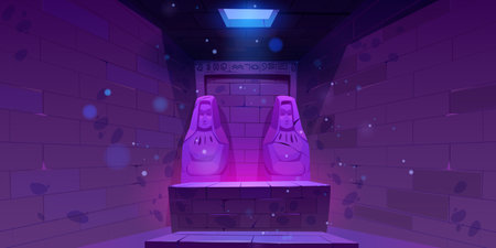 Egypt pyramid, temple pharaoh tomb or treasury interior at night with purple neon illumination, brick wall, statues, hieroglyphs and hatch on ceiling. Cartoon vector background for Egyptian game levelのイラスト素材