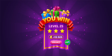 You win game popup banner, casino jackpot level result screen. Victory pop up user interface with golden coins, stars and gift boxes. Ui playing slots or roulette element, Cartoon vector illustrationのイラスト素材