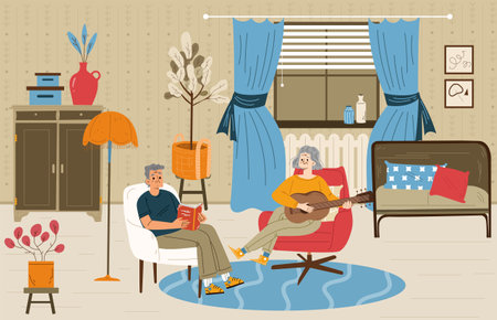 Senior couple relax at home, aged man and woman reading book, playing guitar sitting on armchairs in living room. Grandparents relaxed sparetime, leisure, Cartoon linear flat vector illustrationのイラスト素材