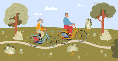 Senior people riding bicycles in summer park. Cheerful elderly couple active life. Aged man and woman pensioners riding bikes, old characters sport, activity Cartoon linear flat vector illustrationのイラスト素材