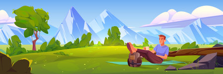 Man rest on mat on green lawn with log, stone, trees, bushes and mountains on horizon. Summer countryside landscape with person with cup and backpack, vector cartoon illustrationのイラスト素材