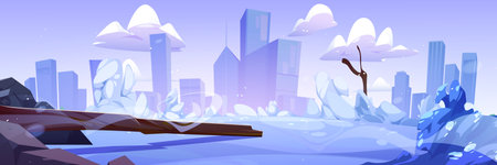 Cartoon winter scenery with snowy cityscape, frozen lake in public garden, broken tree lying on ice, cloudy sky above skyscraper silhouettes. Vector illustration of urban landscape in frosty weatherのイラスト素材