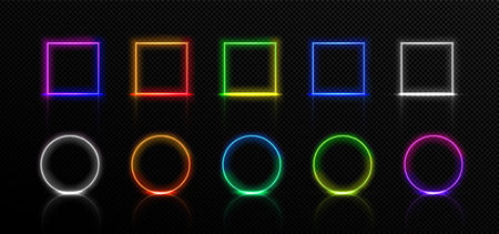 Neon frames, isolated colorful led square and round borders. Red, green, blue, pink, yellow purple Illuminated geometric shapes on black background. Color light signboards Realistic 3d vector setのイラスト素材