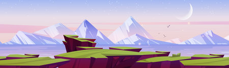 Cartoon nature landscape, early morning at mountain lake with rock cliff and green grass under pink sky with crescent and flying birds. Picturesque scenery tranquil background, Vector illustrationのイラスト素材