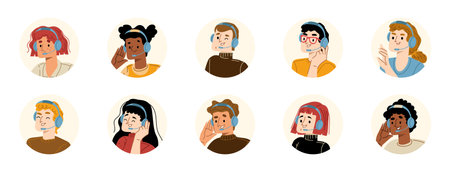 Call center operator isolated avatars, round icons set. Customer support service, online help agents wear headset. Telemarketing, internet technical helpdesk, Cartoon linear flat vector illustrationのイラスト素材