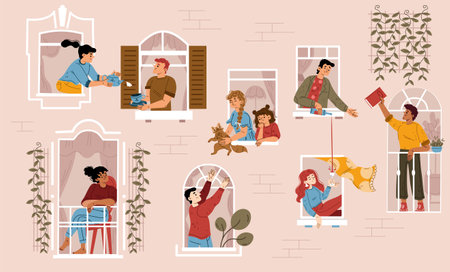 Neighbors communication, neighborhood, coliving, mutual help concept with friendly people in windows. Men and women at their home apartments chatting, relax, Cartoon linear flat vector illustrationのイラスト素材