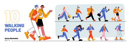 Set of walking people. Diverse pedestrians walk, tourist with camera, businessman, teenager, student or schoolgirl, courier passerby characters, young men and women, Line art flat vector illustrationのイラスト素材