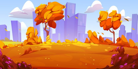 Autumn park or country landscape with orange grass and leaves, modern city on skyline. Nature scene of lawn with bushes and flowers, trees in fall, vector cartoon illustrationのイラスト素材