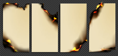 Burn paper with fire, isolated burning cards in flame. Parchment pages with smoldering edges. Blank vertical templates for antique letter, vintage scroll, flaming notes or frames, Realistic vector setのイラスト素材