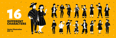 Set of different characters, diverse modern people community with phones. Young and adult men or women, teenagers, mariachi mexicans and indians, Line art flat vector black and yellow illustrationのイラスト素材