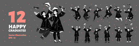 Set of happy graduate student, characters in gowns and academic caps jump, rejoice and cheer up for getting diploma and degree, end of university education, Linear flat vector monochrome illustrationのイラスト素材