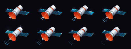 Isometric artificial satellite send radio telecommunication signal animation sprite sheet. Sputnik...