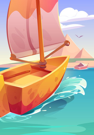 Sail boat in red sea with view to sand beach and ancient Egyptian pyramids. Summer landscape with boats on water, african coast and Egypt landmarks, vector cartoon illustrationのイラスト素材