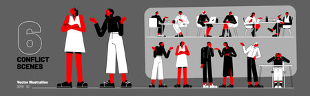 Set of people conflict scenes, angry characters fight. Furious couples or business colleagues men...