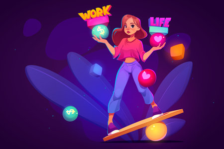 Work and life balance concept with young girl balancing on teeterboard with heart and dollar sign in hands. Choice between career and family, freelance abstract metaphor Cartoon vector illustrationのイラスト素材