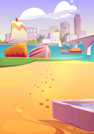 Boats and sailboats moored at sandy river or bay beach with bridge and oriental cityscape view. Nautical transport at summer landscape with skyscrapers, sky and clouds, Cartoon vector illustrationのイラスト素材
