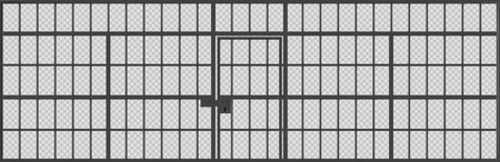 Prison cage with locked door, jail cell wall with black metal bars. Detailed iron fence and doorway, criminal institution grate isolated on transparent background, Realistic 3d vector illustrationのイラスト素材
