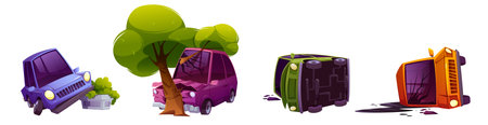 Road accidents with car crash. Broken vehicles turned on side, hitting tree and flower bed, with oil leak after collision isolated on white background, vector cartoon setのイラスト素材