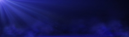 Realistic white light and smoke png isolated on dark blue background. Transparent rays falling from night sky on ground wrapped in fog, sparkling dust particles flying in air. Vector illustrationのイラスト素材