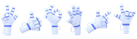 Robot hands 3d render, chatbot palms gestures and body language symbols victory, thumb up, ok, rock...