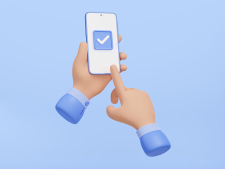 Hands hold mobile phone and click on checkmark on screen. Concept of success, done, correct choice. Finger touching tick button on smartphone for accept or confirm, 3d render illustrationの写真素材