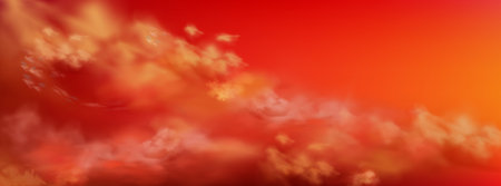Red sky with fluffy clouds at sunset. Summer cloudy panorama, beautiful atmosphere landscape in red sunshine, heavens at evening, vector realistic illustrationのイラスト素材