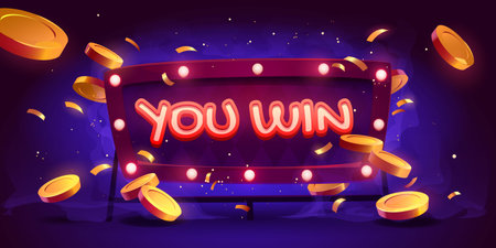 You win game banner. Casino sign of jackpot, big prize or lottery win with text on billboard, falling gold coins and confetti. Congratulation background, vector cartoon illustrationのイラスト素材