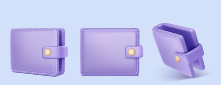 Wallet 3d icon, pocket for money cash and bank cards in front and angle views. Vector illustration of purple purse for bills and banknotes isolated on backgroundのイラスト素材