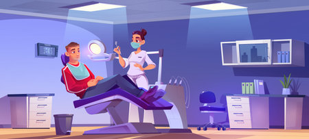 Cartoon male patient visiting female dentist. Doctor in medical mask examining young mans teeth in hospital chair. Stomatology, dental health care services. Clinic interior vector illustrationのイラスト素材