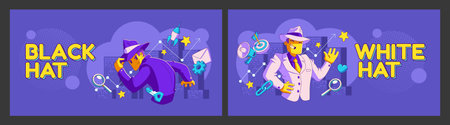 Black and white hat seo banners, concept of search engine optimization ways and algorithms to improve marketing rankings with contemporary characters, web analytics, Cartoon linear vector illustrationのイラスト素材