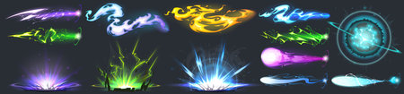 Set of vfx neon light effects isolated on black background. Cartoon vector illustration of colorful neon flashes from bomb explosion, futuristic space blaster, laser gun rays, magic power chargeのイラスト素材
