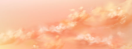 Fantastic peach sky background with soft pink cloud texture. Pastel heaven or paradise background. Amazing sunset or sunrise natural cloudscape. Religion and hope. Realistic vector illustrationのイラスト素材