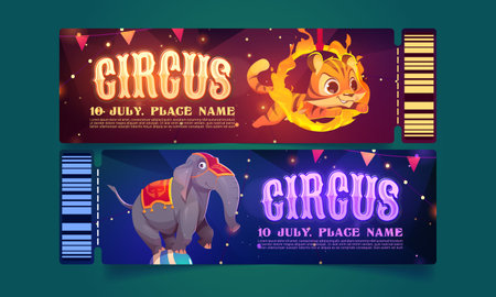 Tickets to circus with animals artists. Coupons for carnival performance with tiger jumping through fire ring and elephant standing on ball, vector cartoon illustrationのイラスト素材
