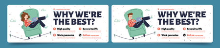 Why we are best, business advertising banner. Concept of work balance, career stability with people with laptop sitting in chair standing on rope, vector flat illustrationのイラスト素材