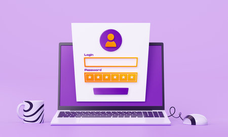 Laptop with login and password form on screen, computer mouse and cup on purple background. Concept of account registration or access, security system, 3d render illustrationの写真素材