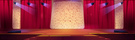 Stage for award ceremony, theater or studio scene for concert, music or dance show, illuminated podium with spotlights, stairs and viewer chairs. Empty performance scene Cartoon vector illustrationのイラスト素材