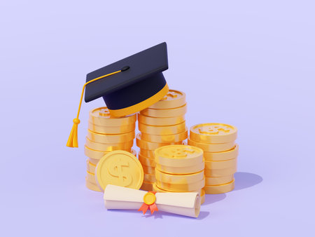 Student graduation cap, money and diploma scroll. Concept of education loan, scholarship, payment for academic tuition. Black graduate hat on coins stack and rolled certificate, 3d render illustrationの写真素材